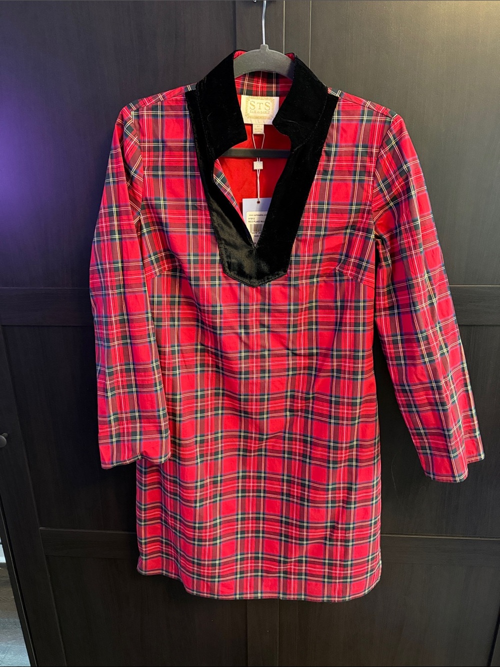 Sail to Sable Red Plaid Midi Dress with Black Velvet Trim